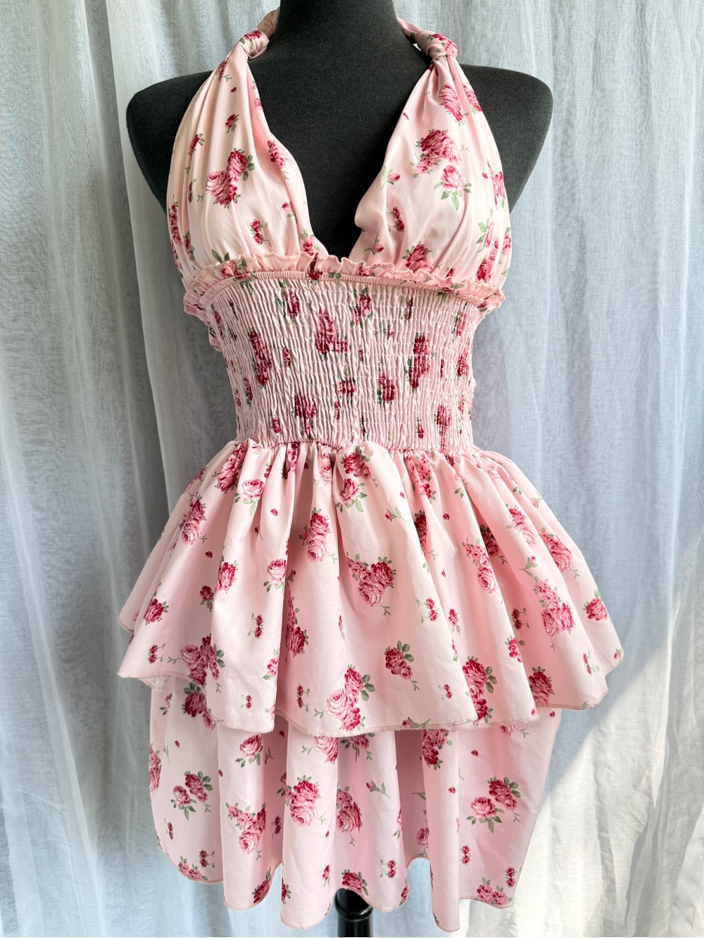 Pink Floral Halter Neck Backless Dress | Cinched Waist | Summer 🌸💗